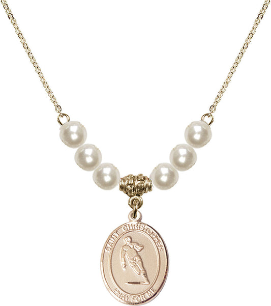 14kt Gold Filled Saint Christopher / Rugby Birthstone Necklace with Faux-Pearl Beads - 8194