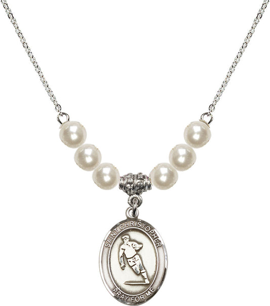 Sterling Silver Saint Christopher / Rugby Birthstone Necklace with Faux-Pearl Beads - 8194