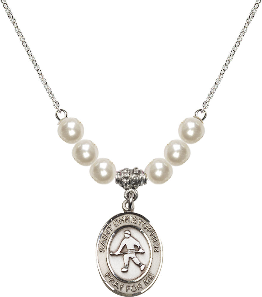 Sterling Silver Saint Christopher / Field Hockey Birthstone Necklace with Faux-Pearl Beads - 8195