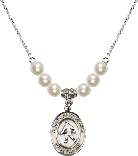 Sterling Silver Saint Christopher / Field Hockey Birthstone Necklace with Faux-Pearl Beads - 8195