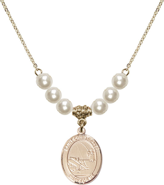 14kt Gold Filled Saint Christopher / Fishing Birthstone Necklace with Faux-Pearl Beads - 8196