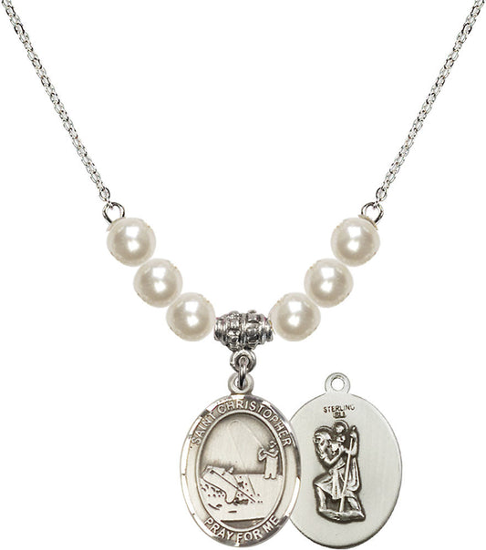 Sterling Silver Saint Christopher / Fishing Birthstone Necklace with Faux-Pearl Beads - 8196