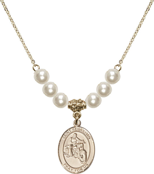 14kt Gold Filled Saint Sebastian / Motorcycle Birthstone Necklace with Faux-Pearl Beads - 8197