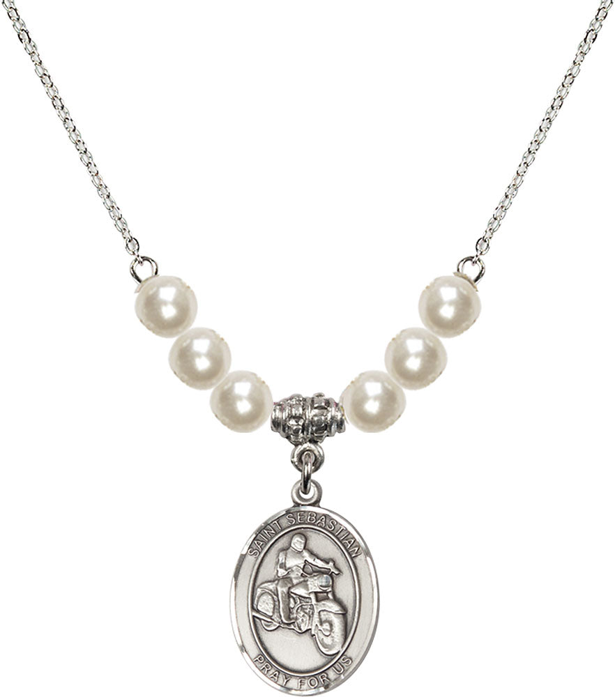 Sterling Silver Saint Sebastian / Motorcycle Birthstone Necklace with Faux-Pearl Beads - 8197