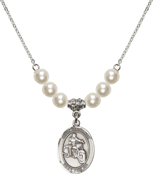 Sterling Silver Saint Sebastian / Motorcycle Birthstone Necklace with Faux-Pearl Beads - 8197