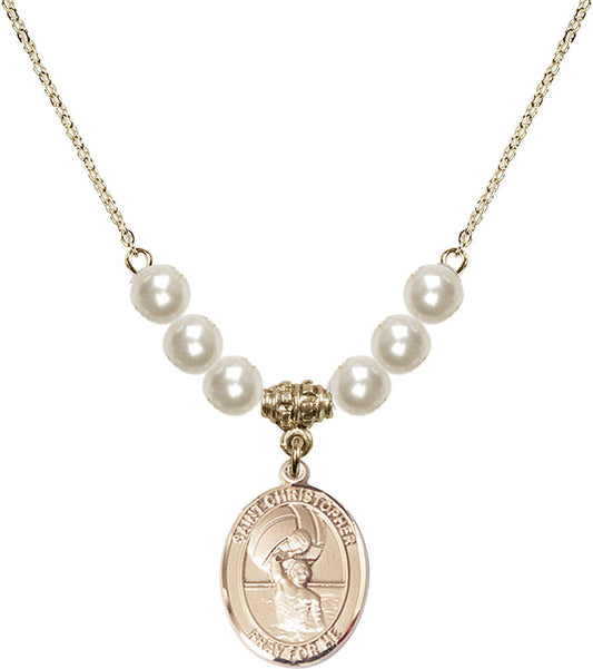14kt Gold Filled Saint Christopher/Water Polo-Men Birthstone Necklace with Faux-Pearl Beads - 8198