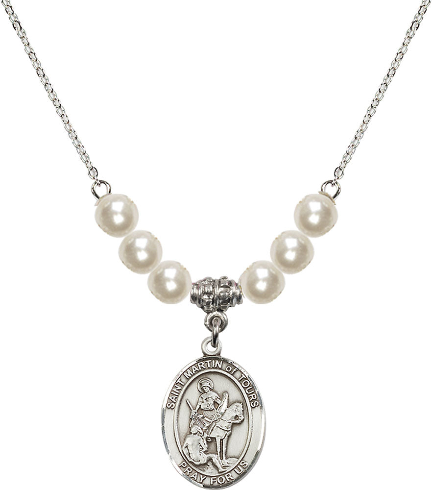 Sterling Silver Saint Martin of Tours Birthstone Necklace with Faux-Pearl Beads - 8200