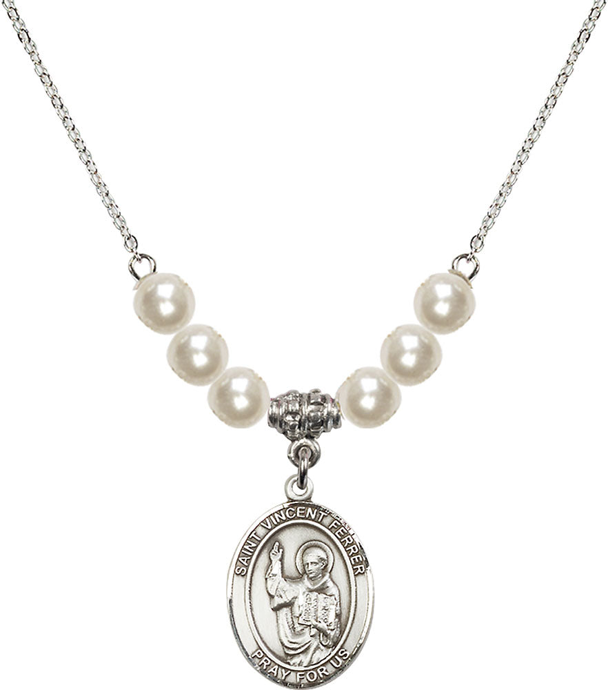 Sterling Silver Saint Vincent Ferrer Birthstone Necklace with Faux-Pearl Beads - 8201
