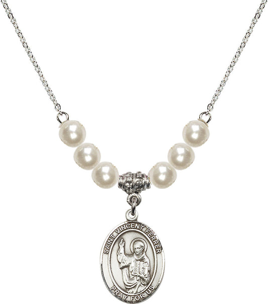 Sterling Silver Saint Vincent Ferrer Birthstone Necklace with Faux-Pearl Beads - 8201