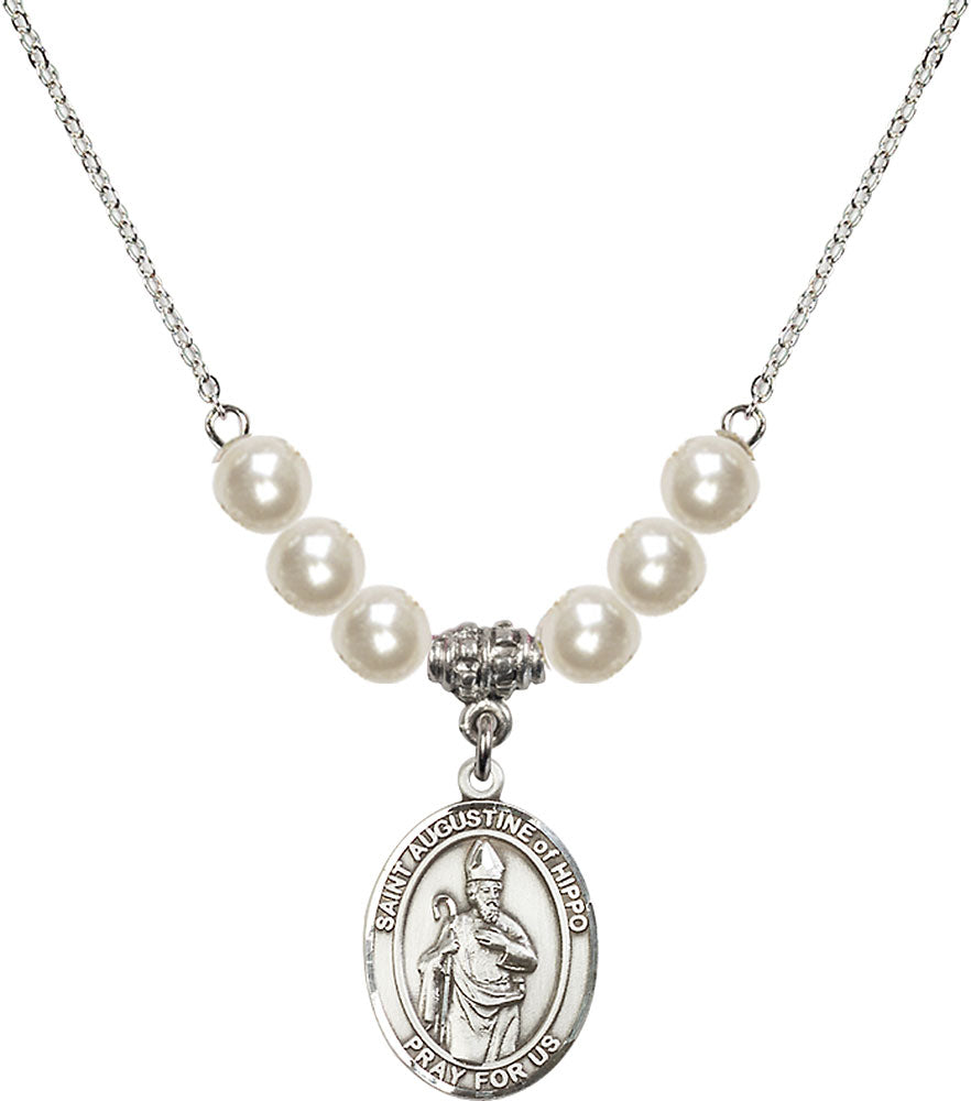 Sterling Silver Saint Augustine of Hippo Birthstone Necklace with Faux-Pearl Beads - 8202