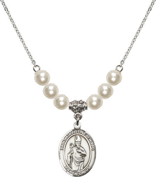 Sterling Silver Saint Augustine of Hippo Birthstone Necklace with Faux-Pearl Beads - 8202