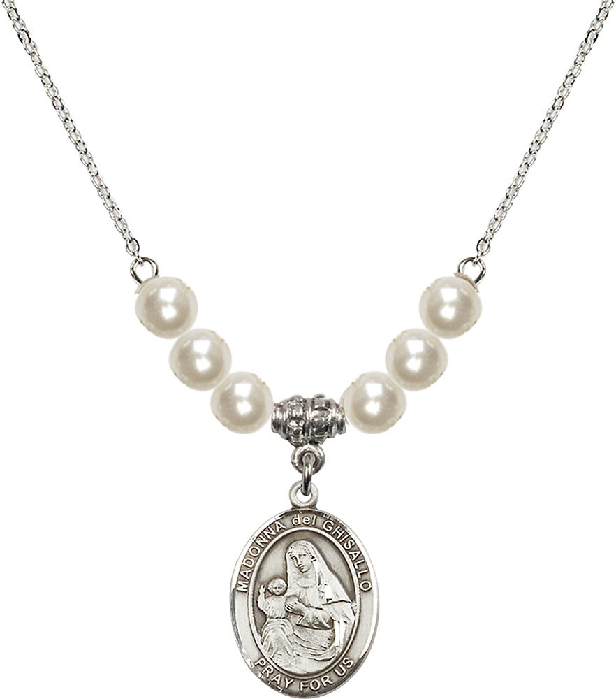 Sterling Silver Madonna del Ghisallo Birthstone Necklace with Faux-Pearl Beads - 8203