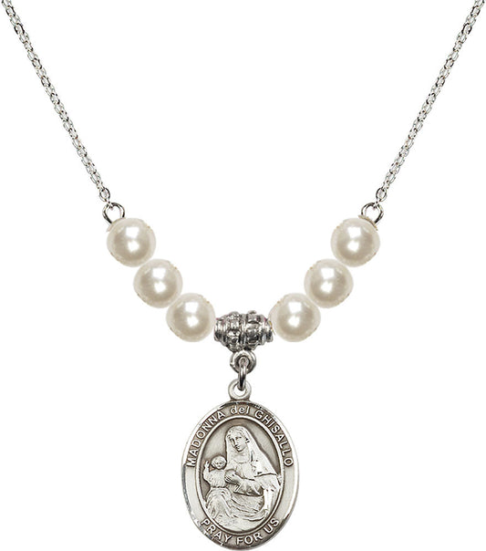 Sterling Silver Madonna del Ghisallo Birthstone Necklace with Faux-Pearl Beads - 8203