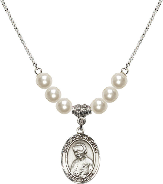 Sterling Silver Saint John Neumann Birthstone Necklace with Faux-Pearl Beads - 8204