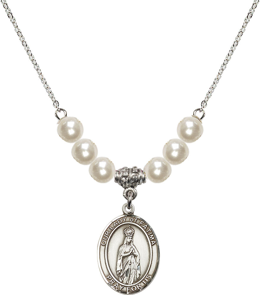 Sterling Silver Our Lady of Fatima Birthstone Necklace with Faux-Pearl Beads - 8205