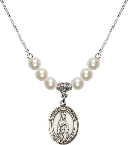 Sterling Silver Our Lady of Fatima Birthstone Necklace with Faux-Pearl Beads - 8205