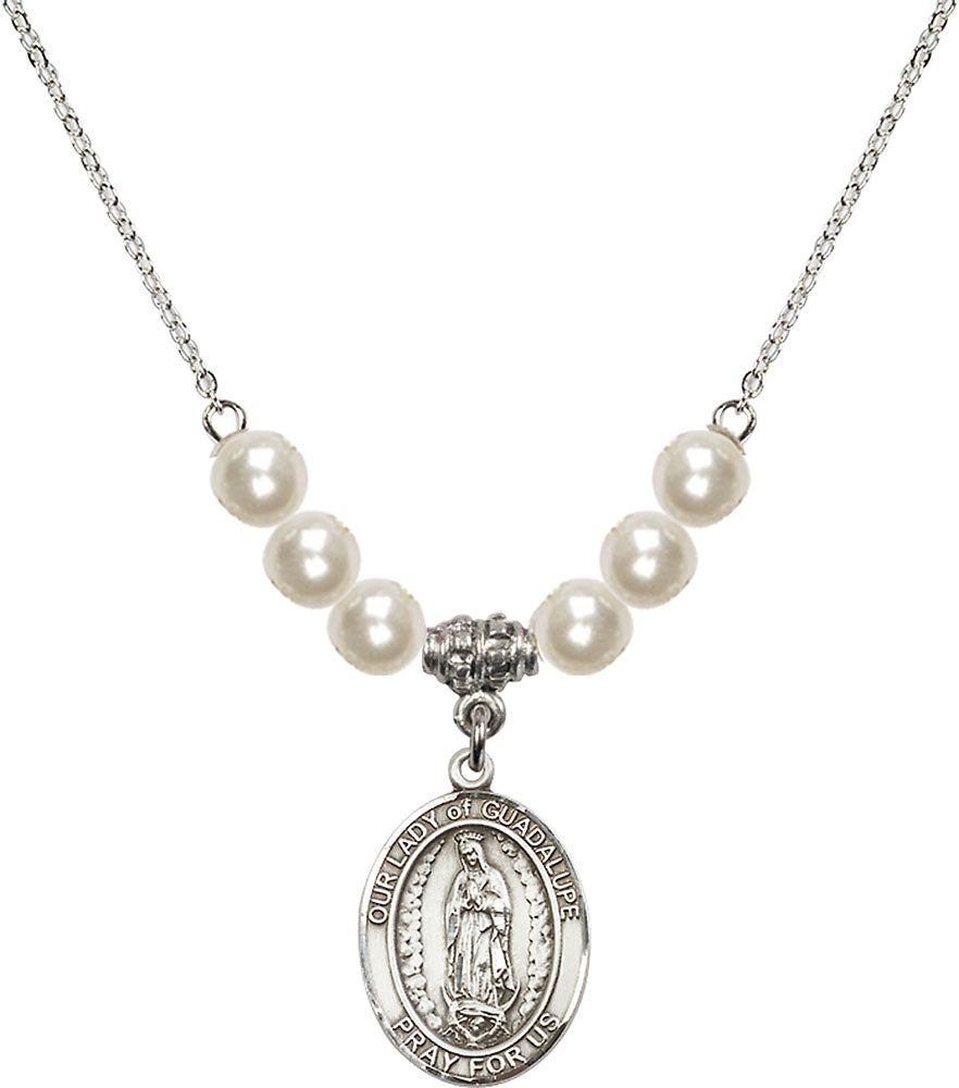 Sterling Silver Our Lady of Guadalupe Birthstone Necklace with Faux-Pearl Beads - 8206