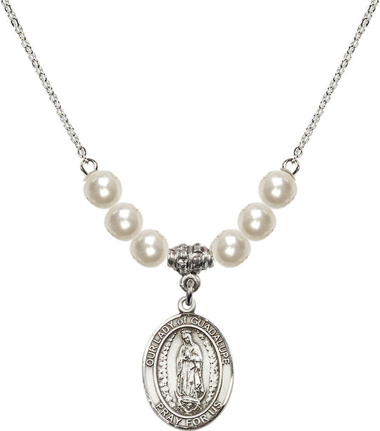 Sterling Silver Our Lady of Guadalupe Birthstone Necklace with Faux-Pearl Beads - 8206