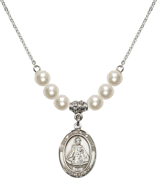 Sterling Silver Infant of Prague Birthstone Necklace with Faux-Pearl Beads - 8207