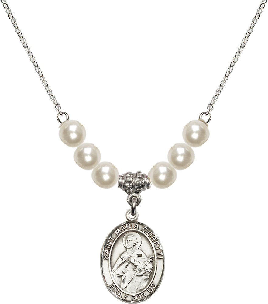 Sterling Silver Saint Maria Goretti Birthstone Necklace with Faux-Pearl Beads - 8208