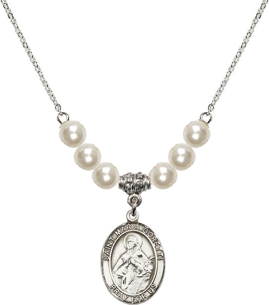 Sterling Silver Saint Maria Goretti Birthstone Necklace with Faux-Pearl Beads - 8208