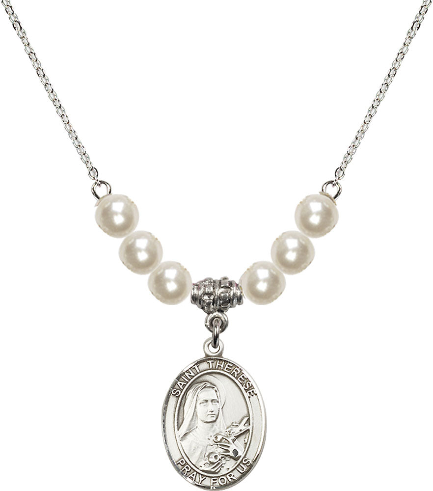 Sterling Silver Saint Therese of Lisieux Birthstone Necklace with Faux-Pearl Beads - 8210