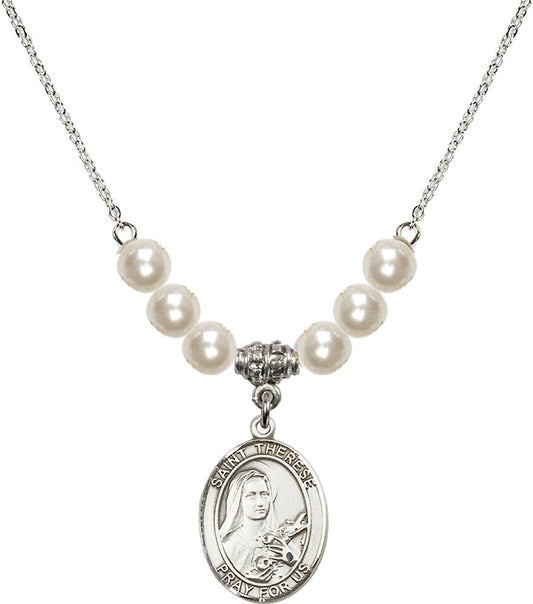 Sterling Silver Saint Therese of Lisieux Birthstone Necklace with Faux-Pearl Beads - 8210