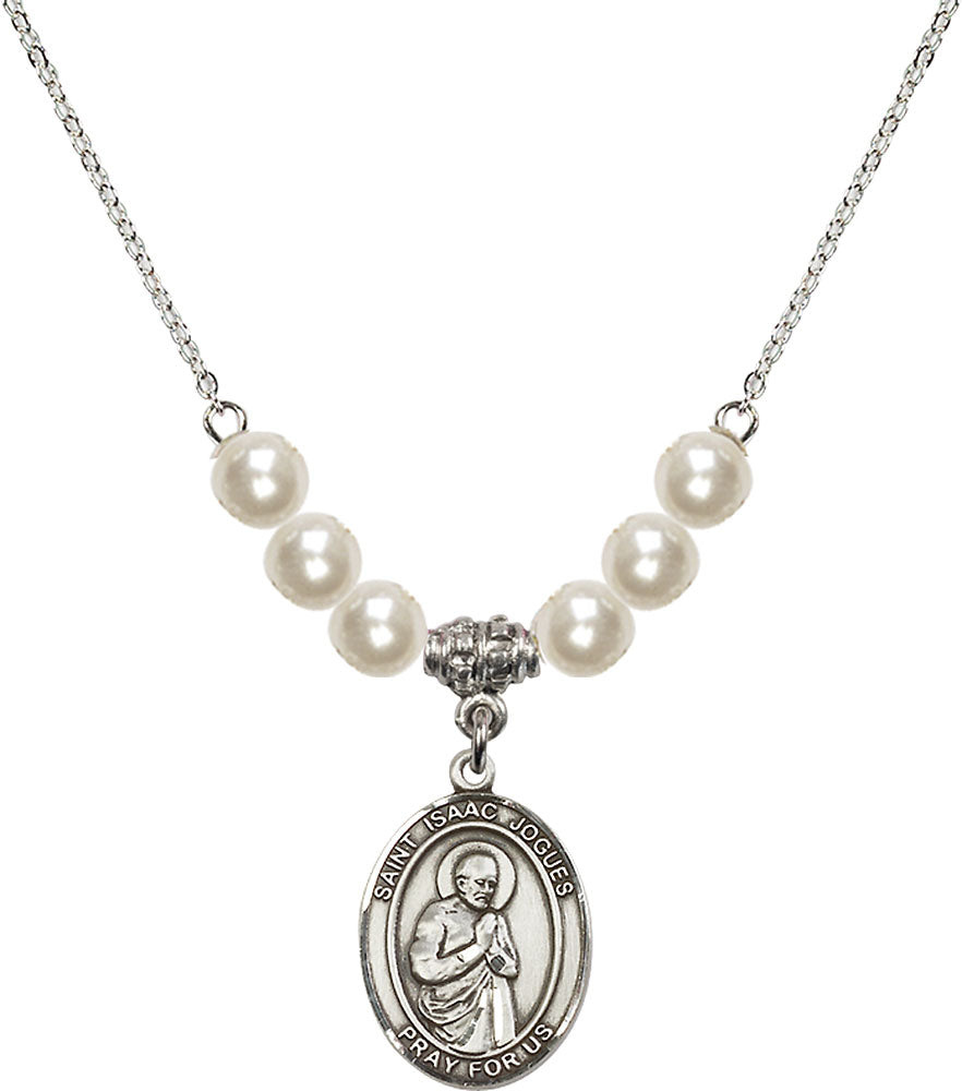 Sterling Silver Saint Isaac Jogues Birthstone Necklace with Faux-Pearl Beads - 8212