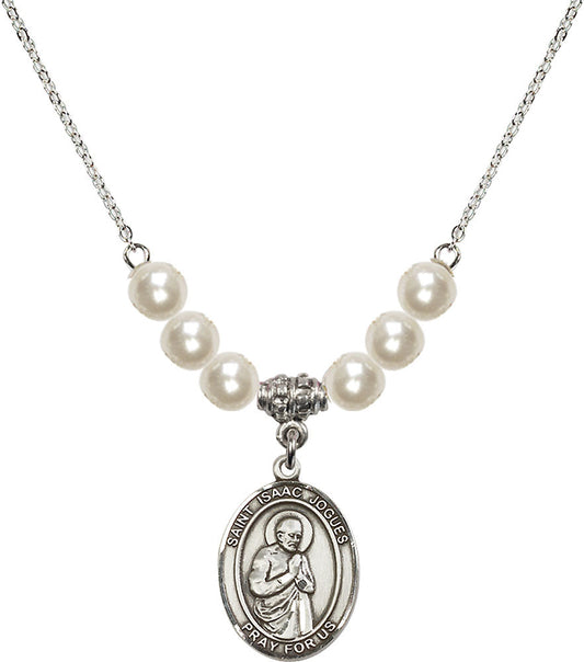 Sterling Silver Saint Isaac Jogues Birthstone Necklace with Faux-Pearl Beads - 8212