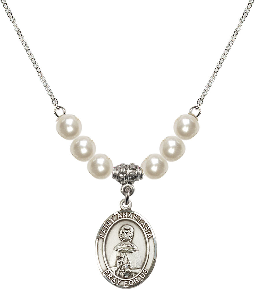 Sterling Silver Saint Anastasia Birthstone Necklace with Faux-Pearl Beads - 8213