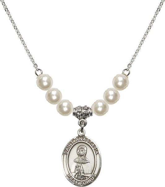 Sterling Silver Saint Anastasia Birthstone Necklace with Faux-Pearl Beads - 8213