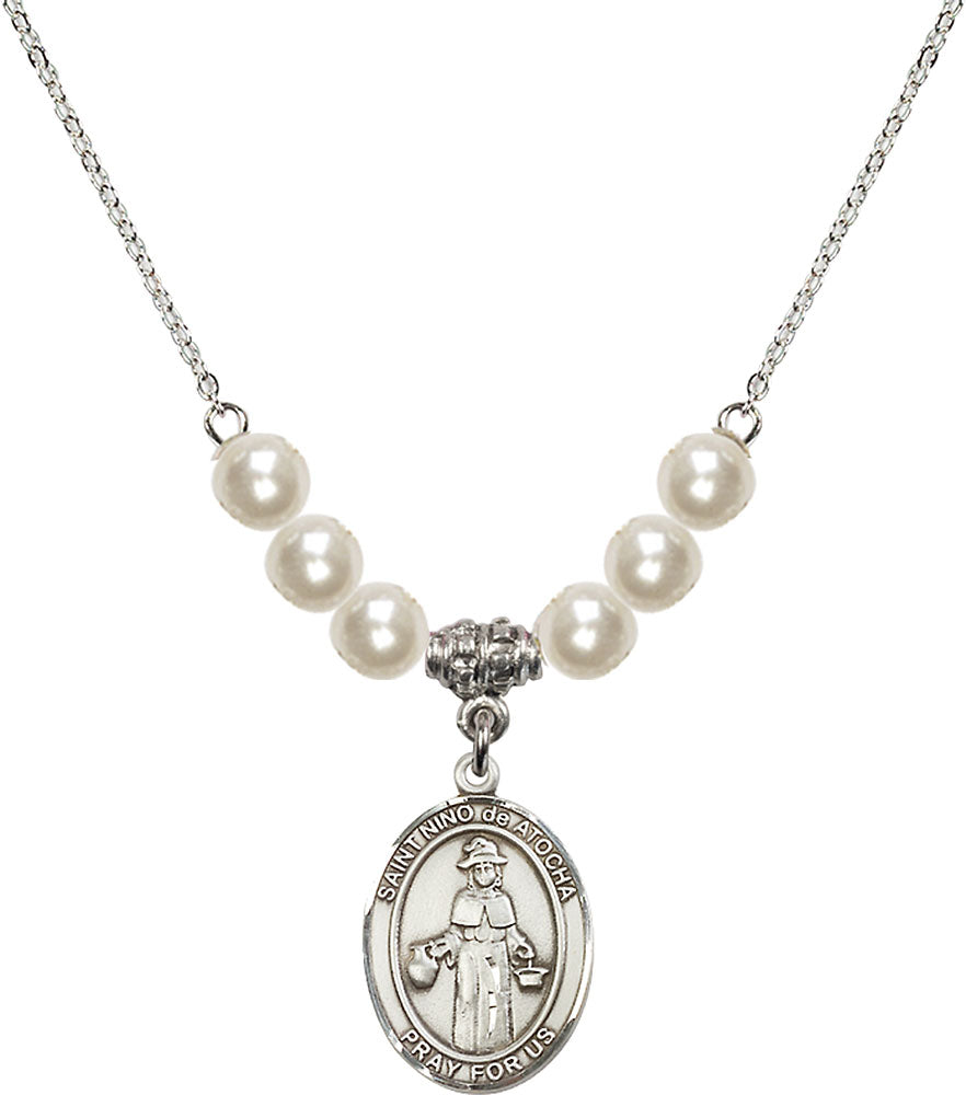 Sterling Silver Saint Nino de Atocha Birthstone Necklace with Faux-Pearl Beads - 8214