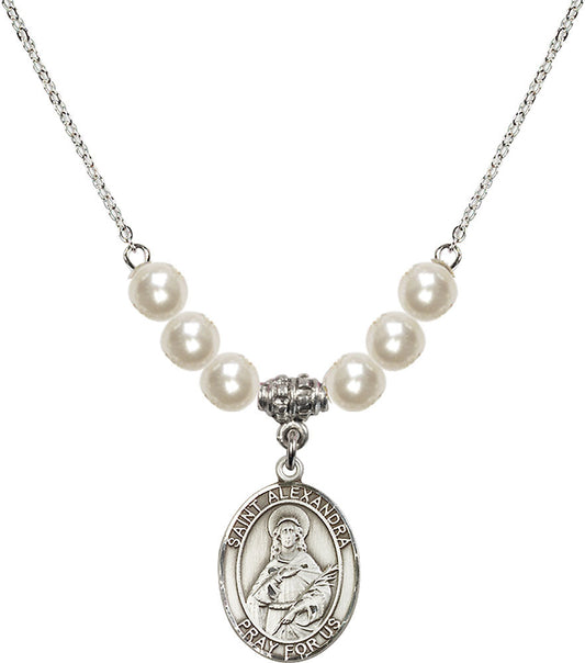 Sterling Silver Saint Alexandra Birthstone Necklace with Faux-Pearl Beads - 8215