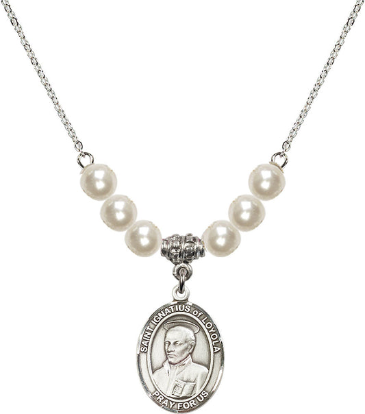 Sterling Silver Saint Ignatius of Loyola Birthstone Necklace with Faux-Pearl Beads - 8217