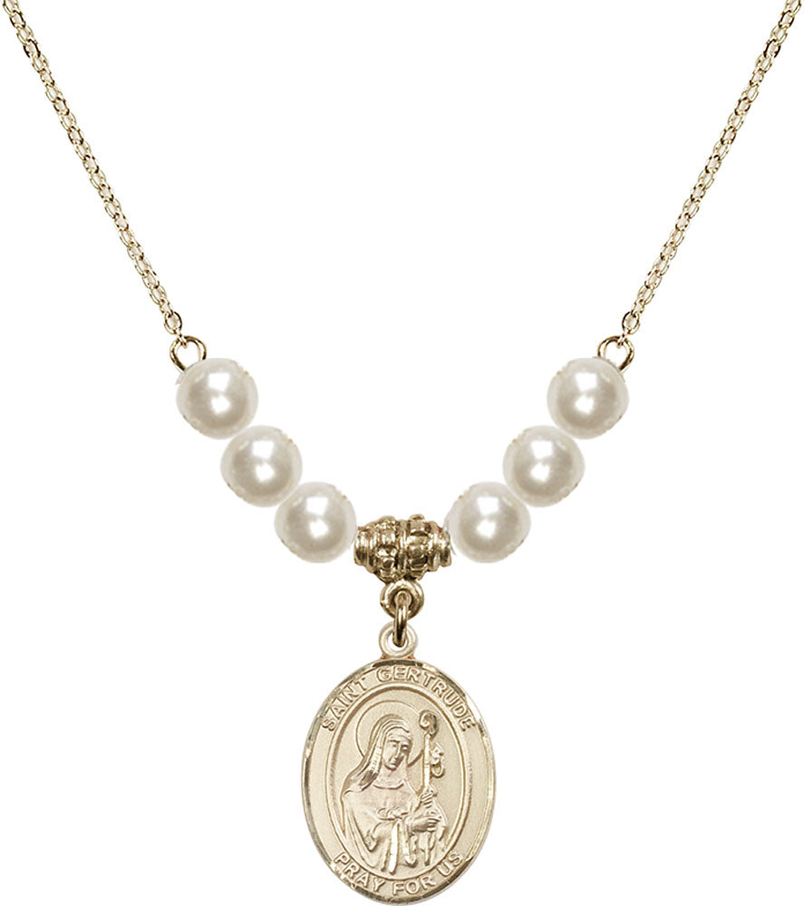 14kt Gold Filled Saint Gertrude of Nivelles Birthstone Necklace with Faux-Pearl Beads - 8219