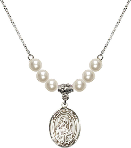 Sterling Silver Saint Gertrude of Nivelles Birthstone Necklace with Faux-Pearl Beads - 8219