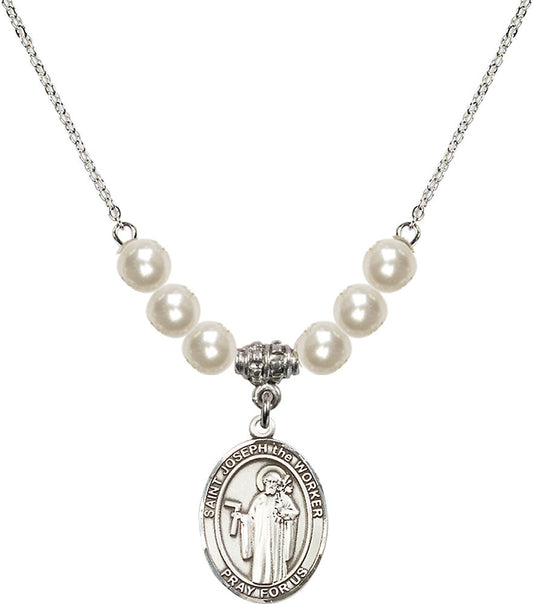 Sterling Silver Saint Joseph the Worker Birthstone Necklace with Faux-Pearl Beads - 8220
