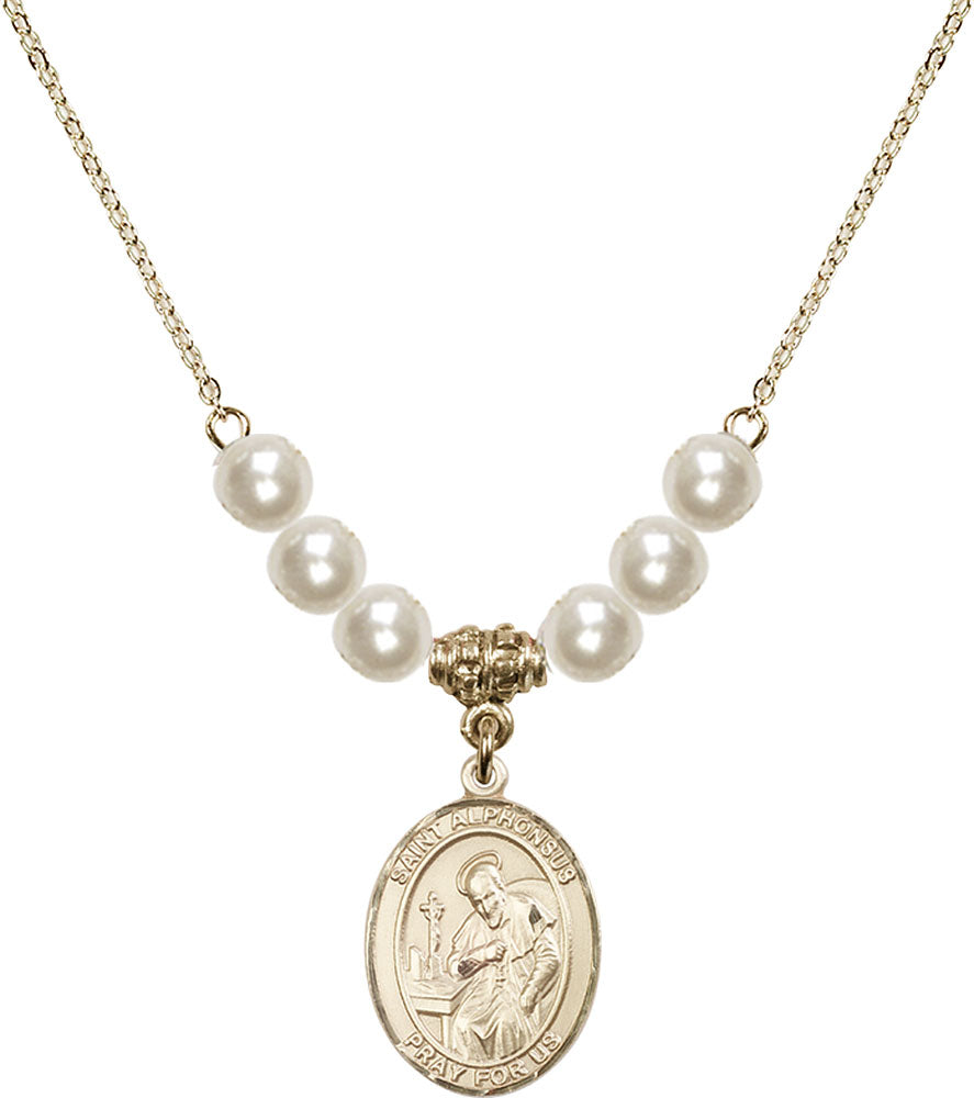 14kt Gold Filled Saint Alphonsus Birthstone Necklace with Faux-Pearl Beads - 8221