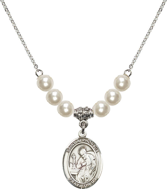 Sterling Silver Saint Alphonsus Birthstone Necklace with Faux-Pearl Beads - 8221