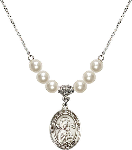Sterling Silver Our Lady of Perpetual Help Birthstone Necklace with Faux-Pearl Beads - 8222