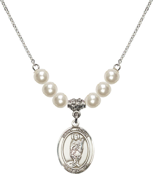 Sterling Silver Saint Victor of Marseilles Birthstone Necklace with Faux-Pearl Beads - 8223