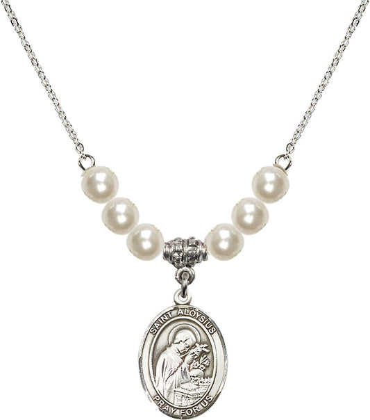 Sterling Silver Saint Aloysius Gonzaga Birthstone Necklace with Faux-Pearl Beads - 8225