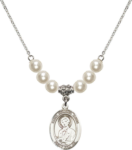 Sterling Silver Saint Dominic Savio Birthstone Necklace with Faux-Pearl Beads - 8227
