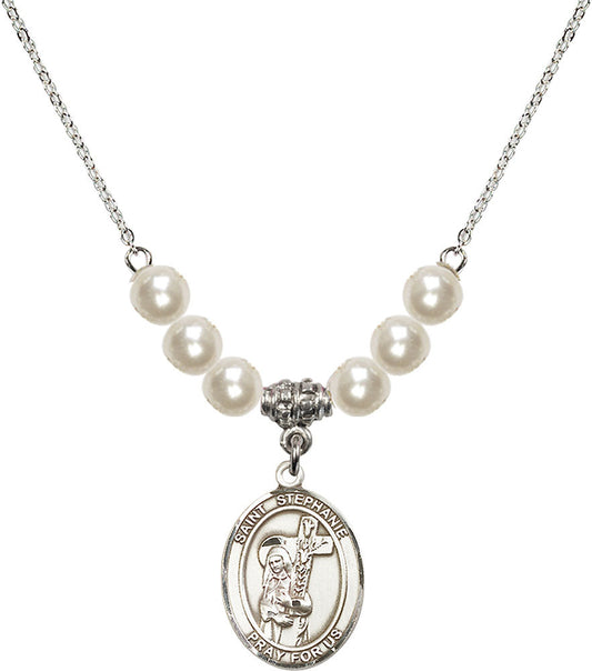 Sterling Silver Saint Stephanie Birthstone Necklace with Faux-Pearl Beads - 8228