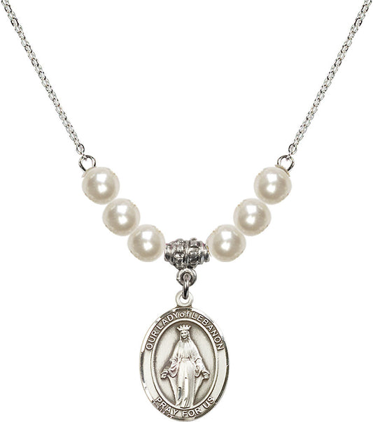 Sterling Silver Our Lady of Lebanon Birthstone Necklace with Faux-Pearl Beads - 8229