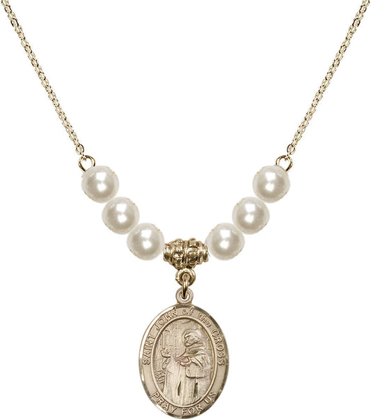 14kt Gold Filled Saint John of the Cross Birthstone Necklace with Faux-Pearl Beads - 8231