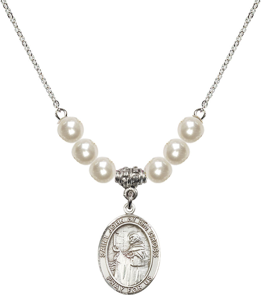 Sterling Silver Saint John of the Cross Birthstone Necklace with Faux-Pearl Beads - 8231