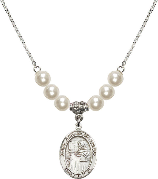 Sterling Silver Saint John of the Cross Birthstone Necklace with Faux-Pearl Beads - 8231