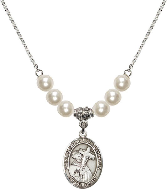 Sterling Silver Saint Bernard of Clairvaux Birthstone Necklace with Faux-Pearl Beads - 8233