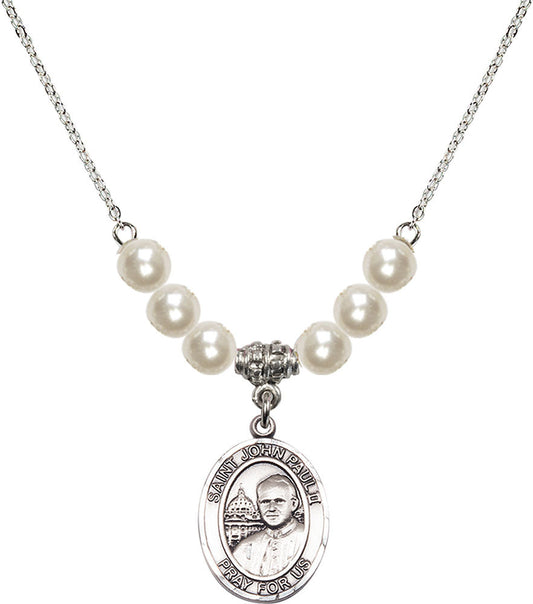Sterling Silver Saint John Paul II Birthstone Necklace with Faux-Pearl Beads - 8234